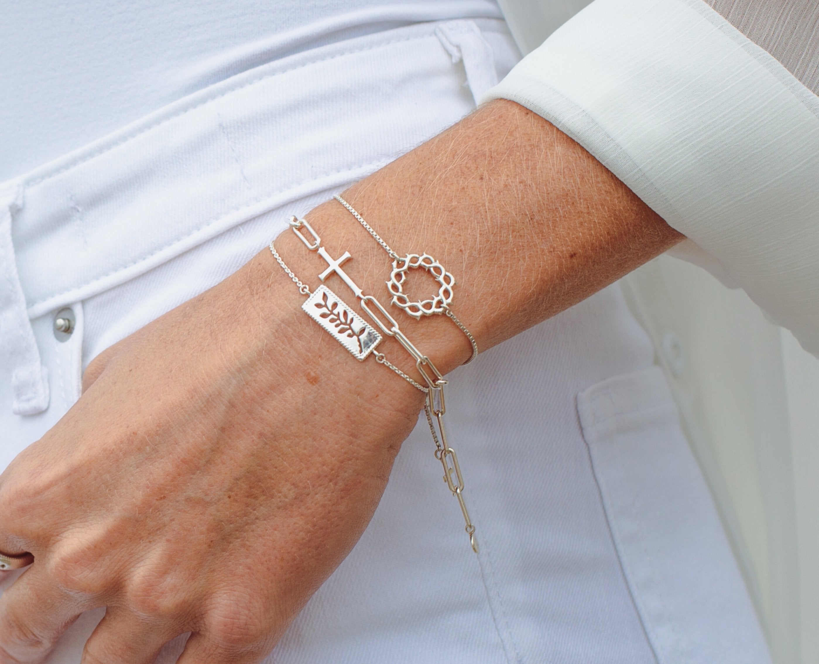 Sterling Silver Christian Cross bracelet, Crown of Thorns Bracelet and Branch Bracelet