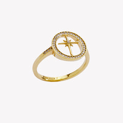 18k gold-plated adoring star compass ring featuring 41 flush-set stones along the circular border and band from the Insignia Collection by Rizen Jewelry.
