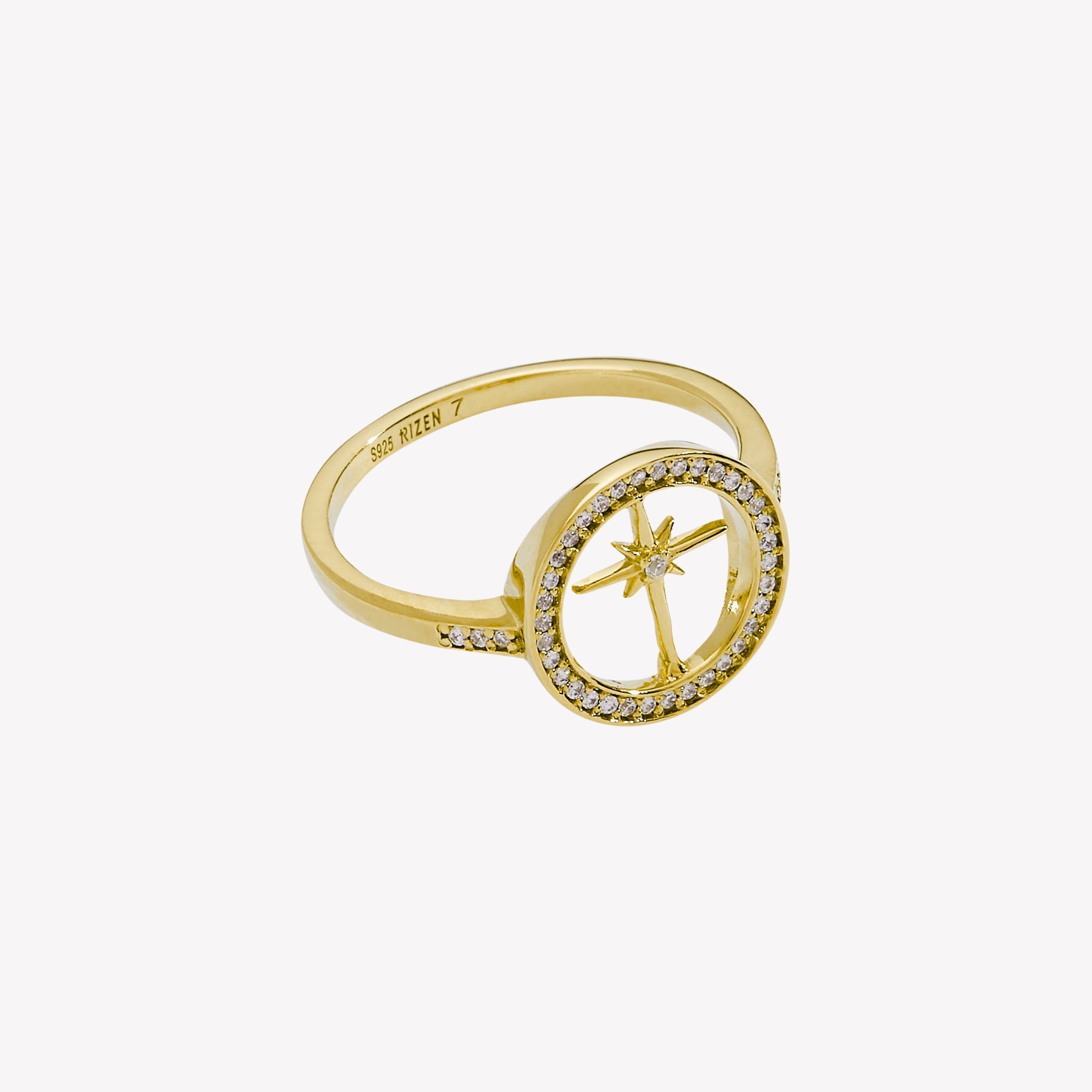 18k gold-plated adoring star compass ring featuring 41 flush-set stones along the circular border and band from the Insignia Collection by Rizen Jewelry.