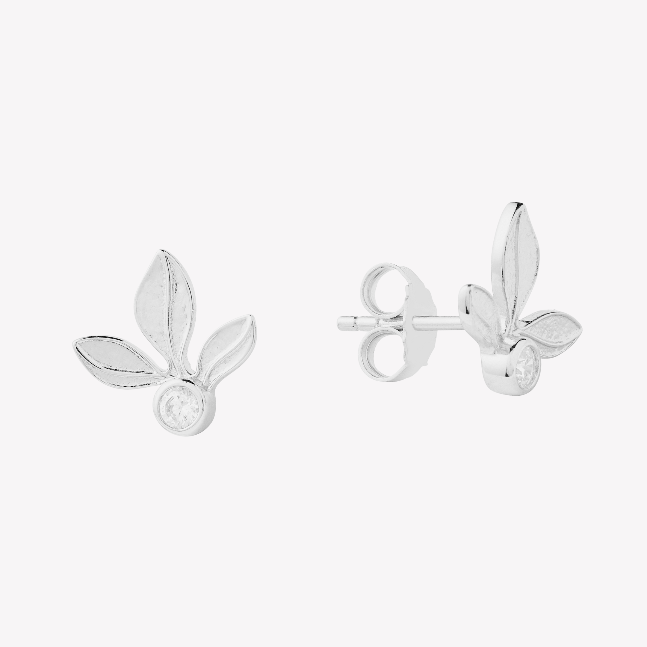 Exquisite Olive Leaf Earrings in sterling silver feature 3 matte finished leaves radiating from a bezel set cubic zirconia from the Rooted Collection by Rizen Jewelry.