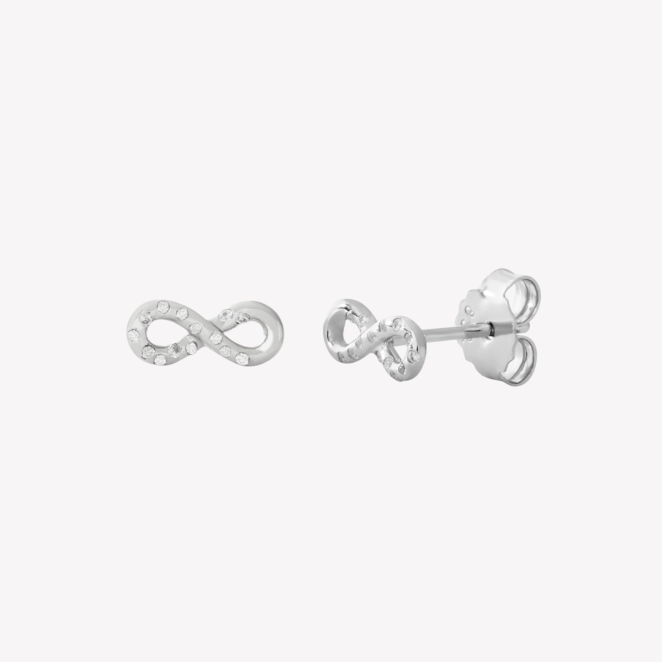 Sterling silver infinity stud earrings with pavé zirconia ichthys nestled within the infinity motif.