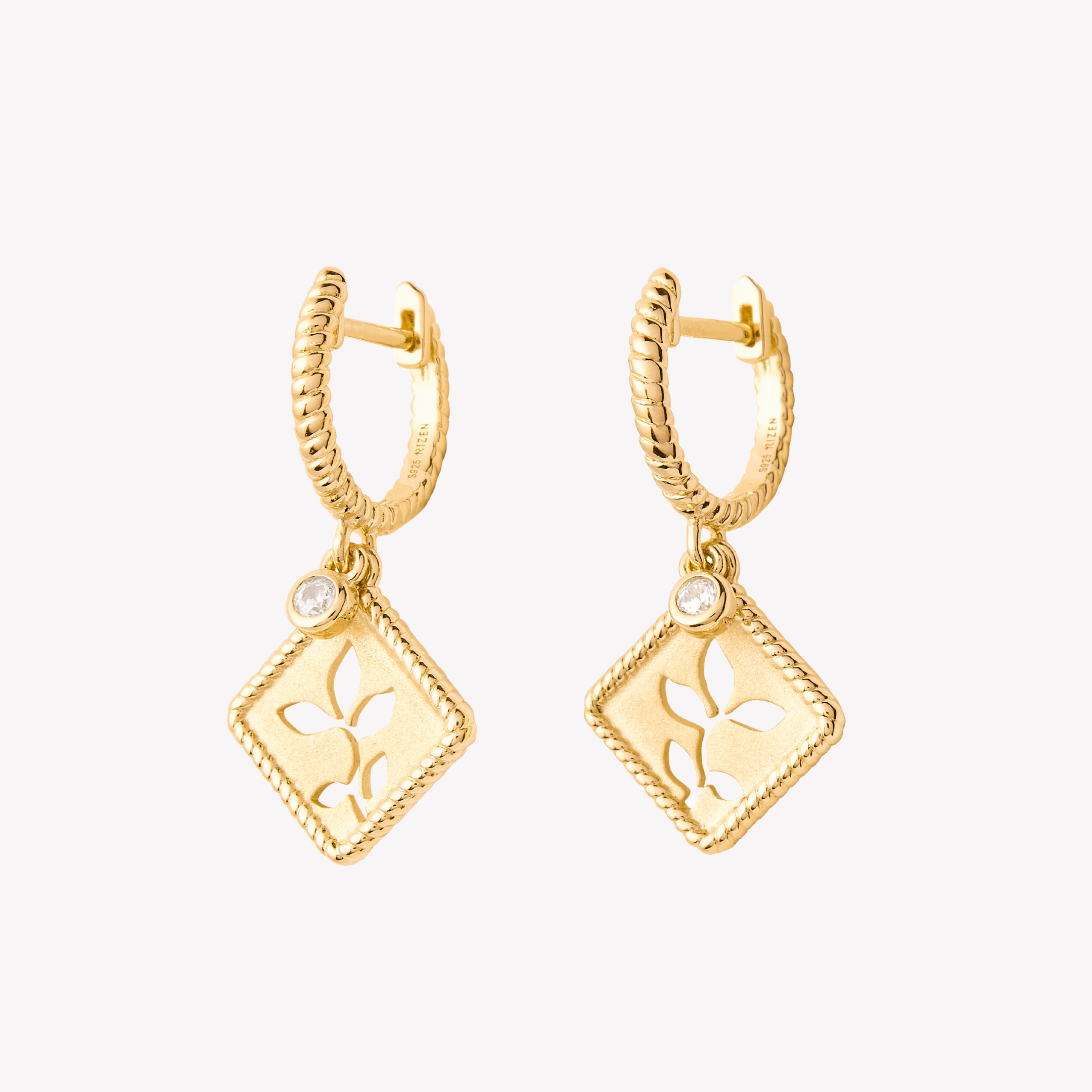 18k gold vermeil Olive Leaf Hoop Earrings feature a subtle matte finish, with an intricate rope borders along diamond shaped pendant, with delicate cubic zirconias dangling from the twisted rope like hoops are a perfect addition to the Rooted Collection by Rizen Jewelry.