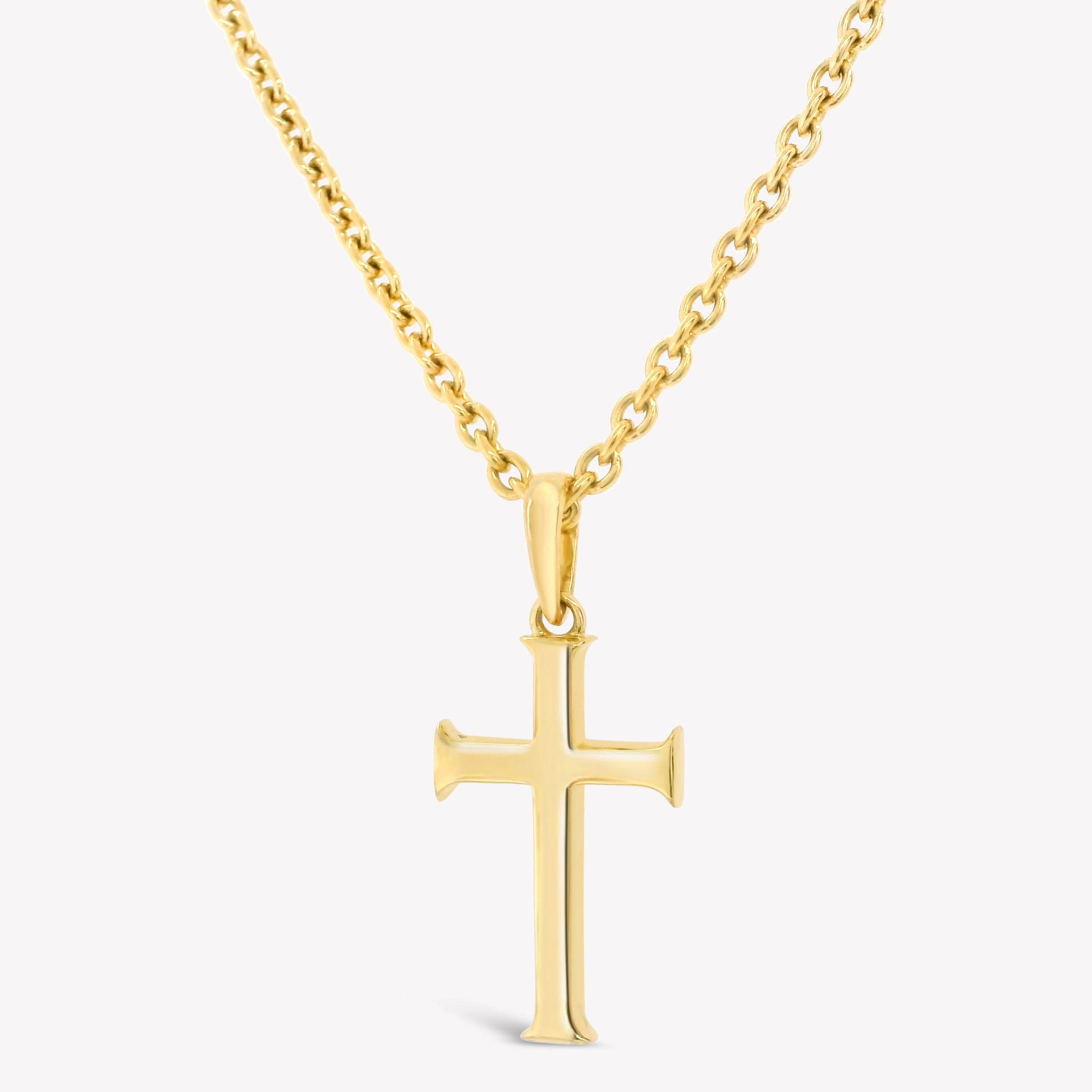 Rizen Jewelry Large Cross Pendant unisex necklace in 18k yellow gold vermeil hangs from a long fully adjustable cable chain.