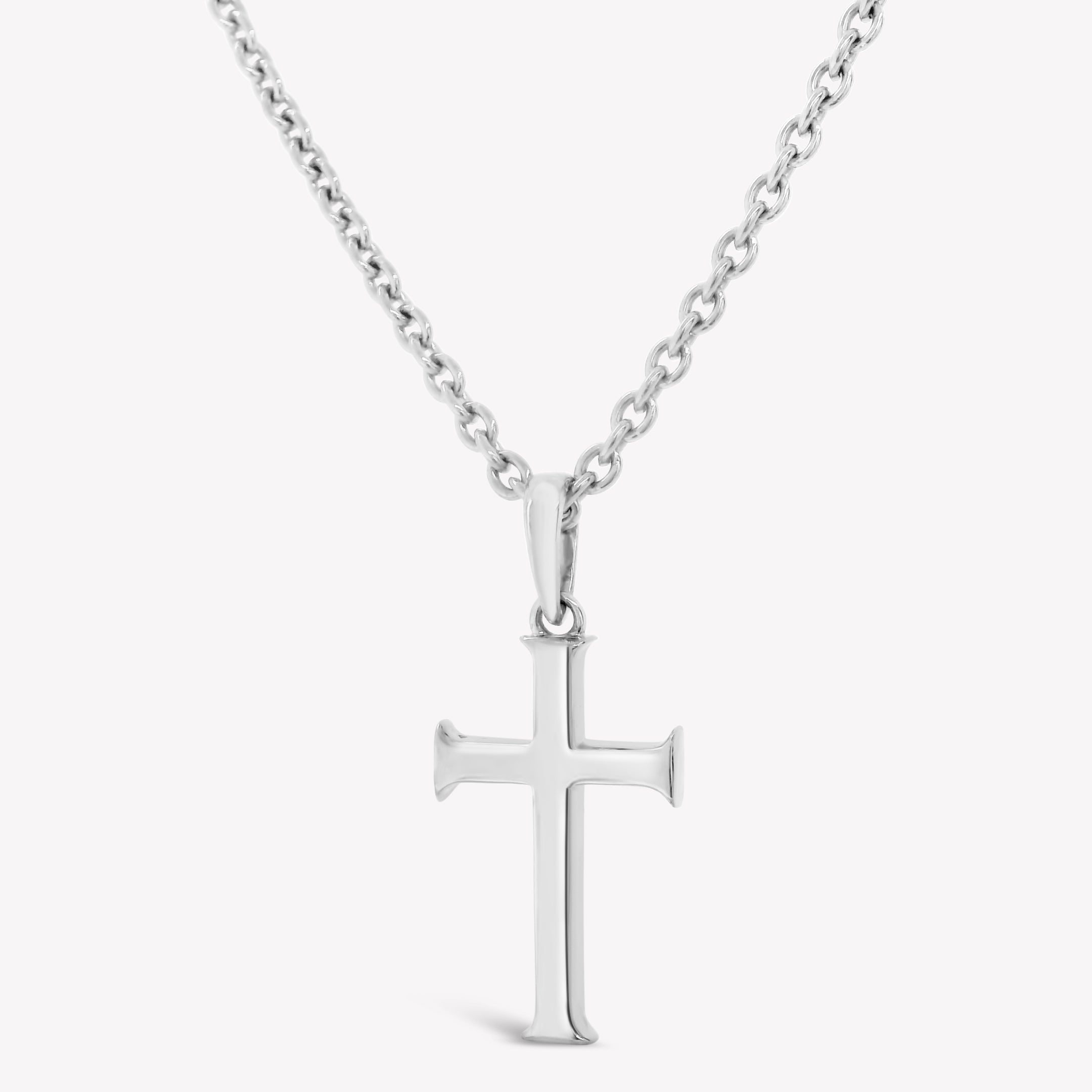 Rizen Jewelry Large Cross Pendant unisex necklace in sterling silver hangs from a long fully adjustable cable chain.