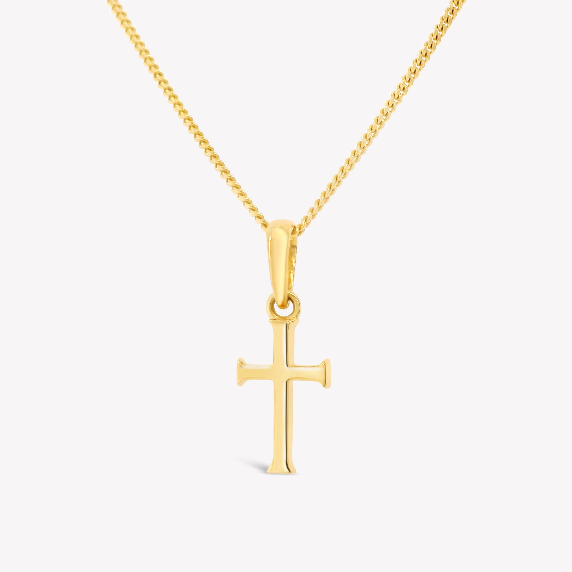 Rizen Jewelry 18k yellow gold vermeil unisex cross pendant on a sleek adjustable curb chain. Perfect size for both adults and youth ages 8 years+.