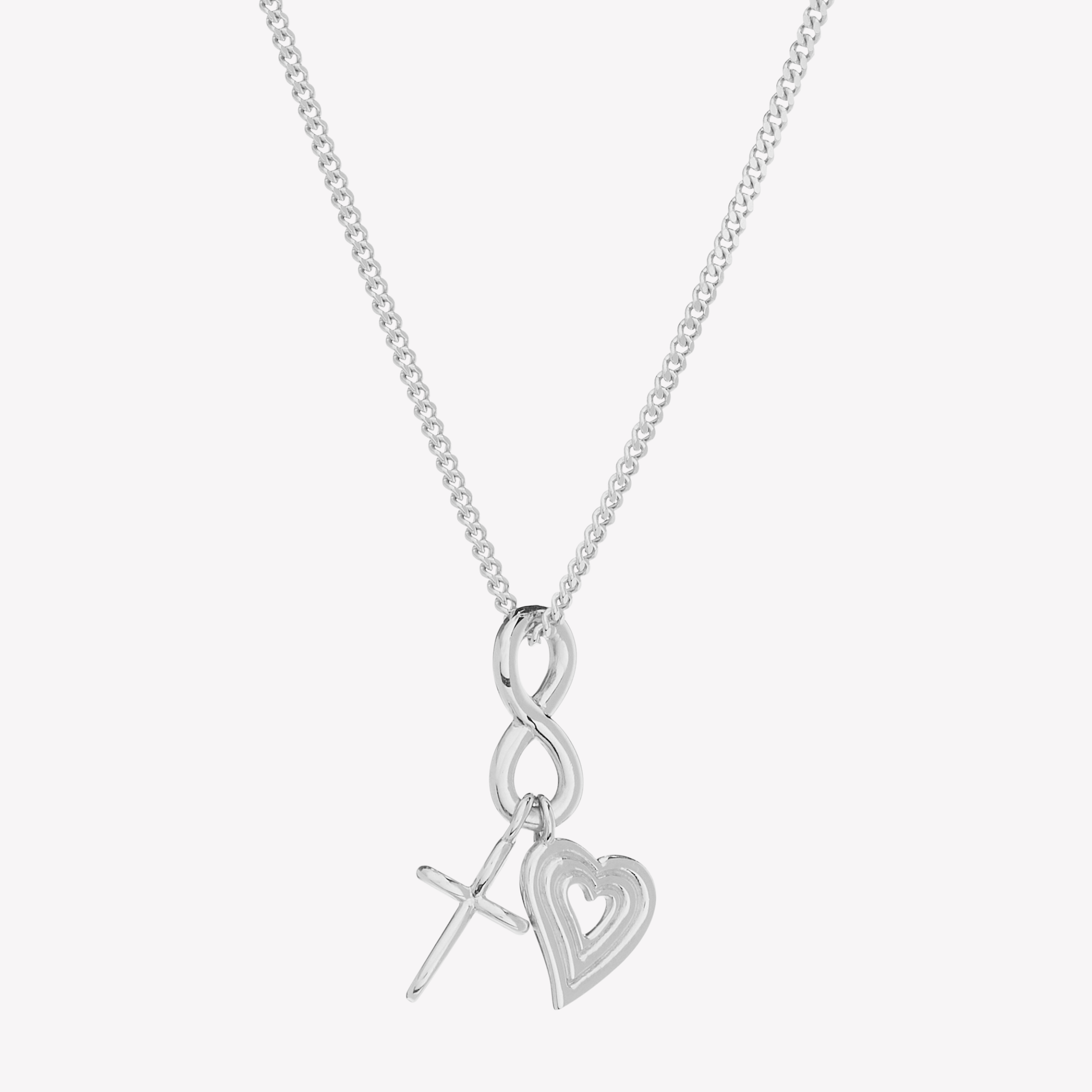 Faith Hope Love Necklace featuring 3 charm pendants: an infinite cross for faith, an infinity for hope, and a radiating open heart for love set on a sterling silver cable chain by Rizen Jewelry