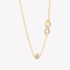 radiant 18k gold vermeil Infinite Hope necklace showcases a pavé zirconia ichthys nestled within an infinity pendant, elegantly crowned by a 5mm solitaire centerpiece by Rizen Jewelry.