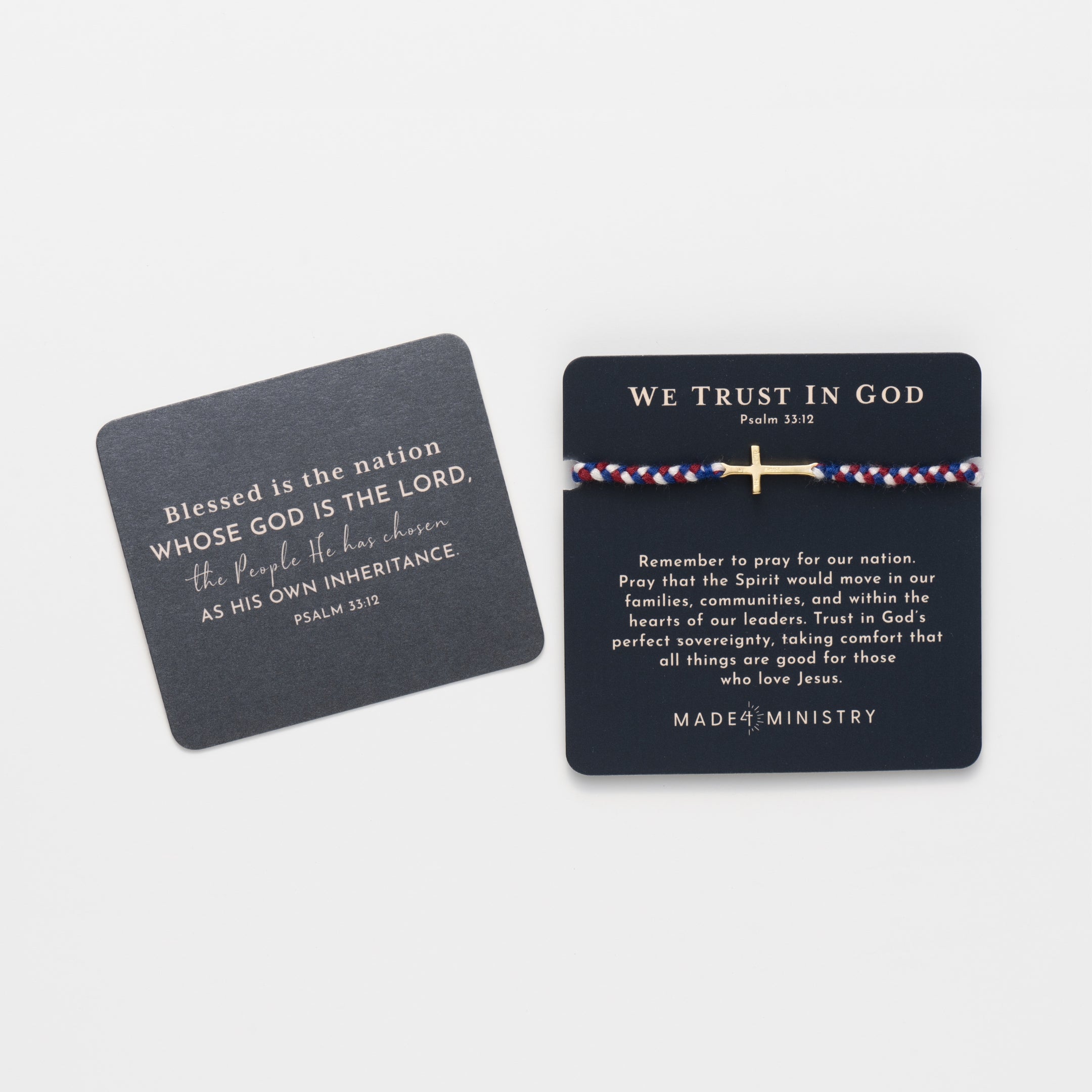 We Trust In God silver cross bracelet hand braided in red, white, blue cotton cord featured on keepsake devotion and scripture card from Made4Ministry Collection by Rizen Jewelry