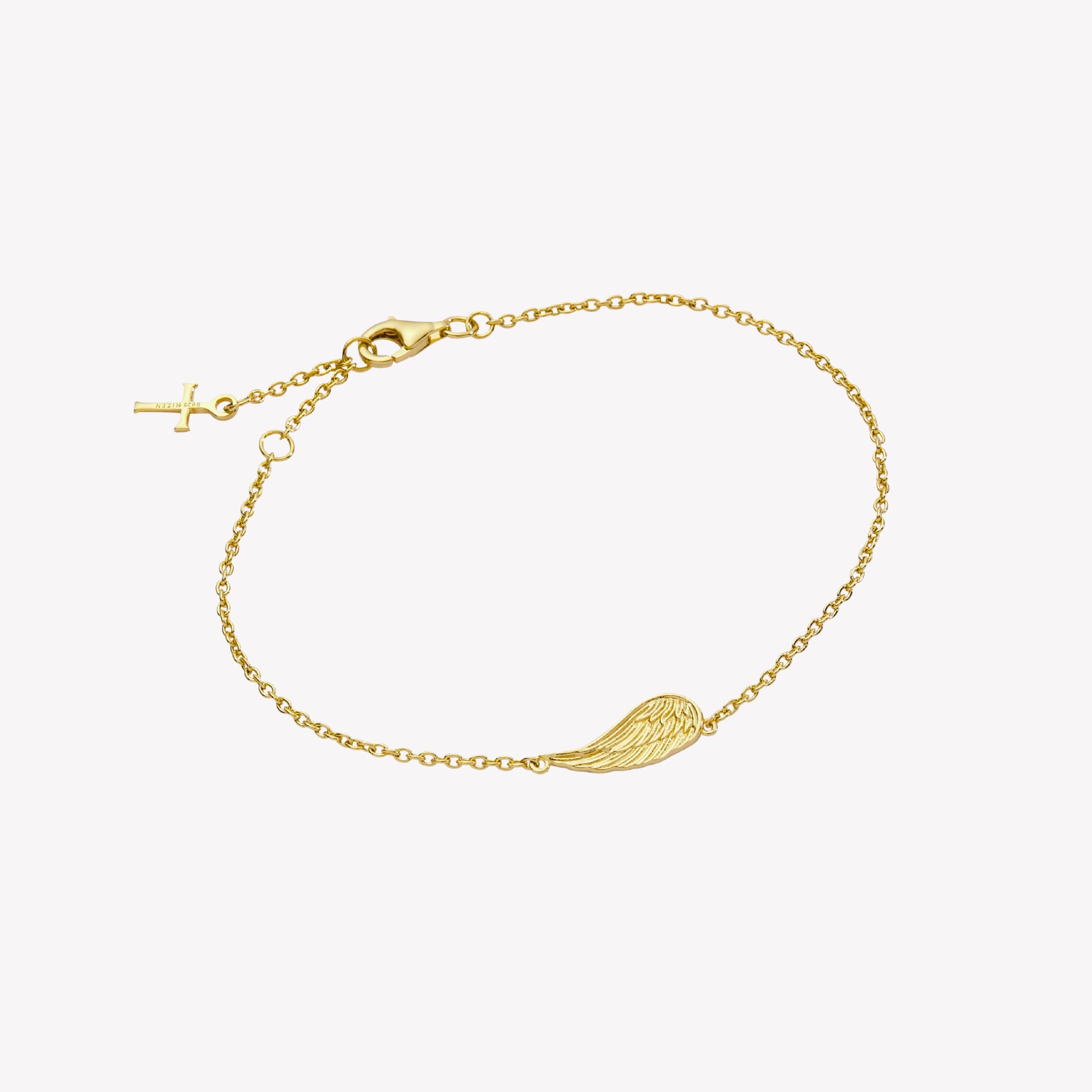 18k gold plated bracelet featuring the divine angel wing motif highly polished on a cable chain with a dainty cross tag by Rizen Jewelry.