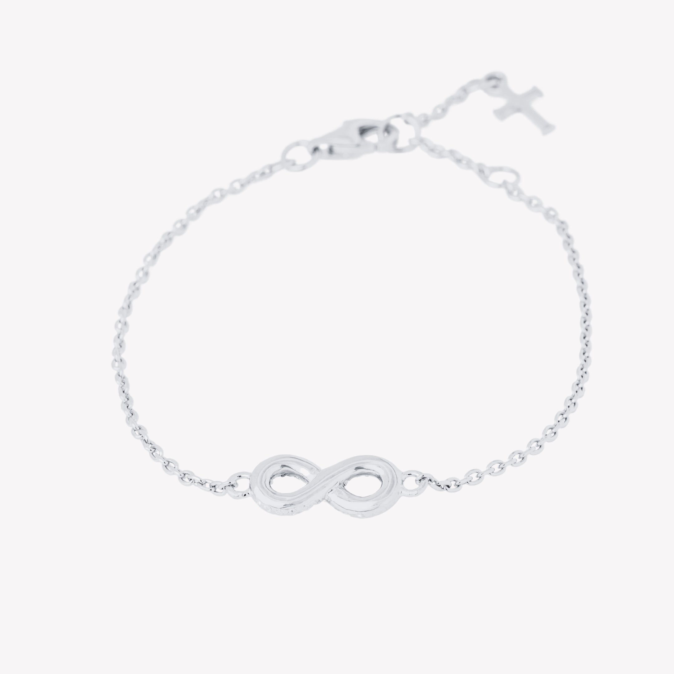 backside of radiant sterling silver Infinite Hope bracelet showcases a high polished infinity pendant designed by Rizen Jewelry.
