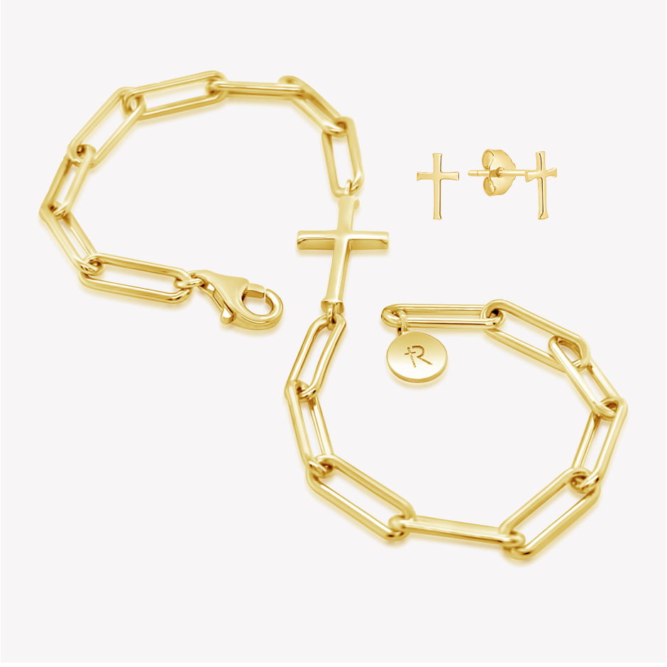 Chain Breaker Cross Bracelet and mini Cross Earring Set in 18k gold vermeil from the Calvary Collection by Rizen Jewelry. 