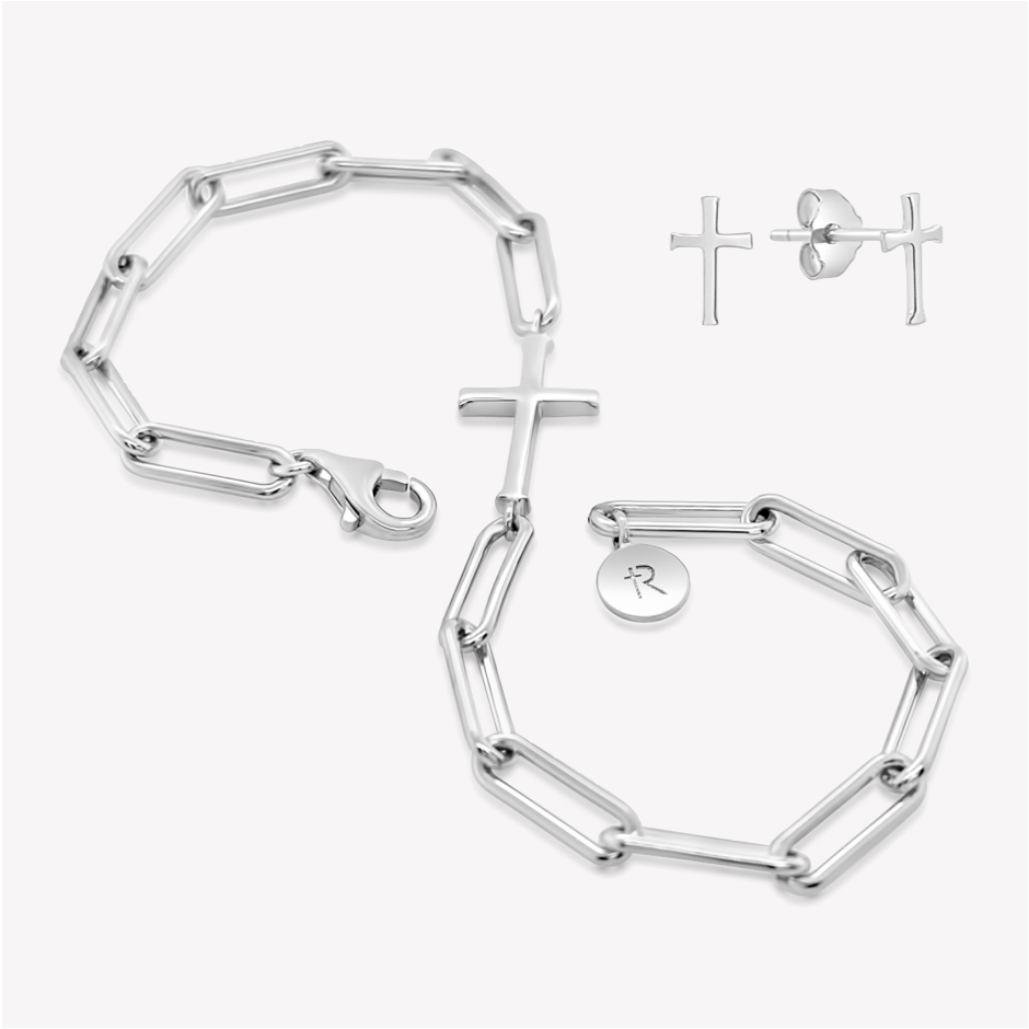 Chain Breaker Cross Bracelet and mini Cross Earring Set in sterling silver from the Calvary Collection by Rizen Jewelry.