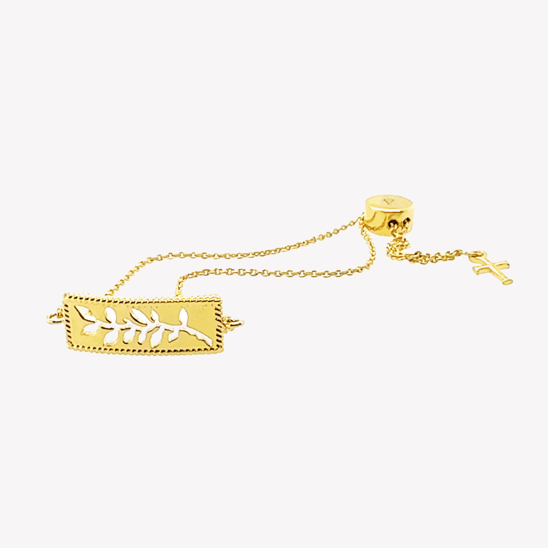 18k gold vermeil Olive Branch Bracelet with cross tag from the Rooted Collection by Rizen Jewelry.