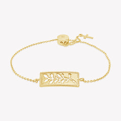 Intricately designed 18K gold vermeil Olive Branch Bracelet with cross tag from the Rooted Collection by Rizen Jewelry.