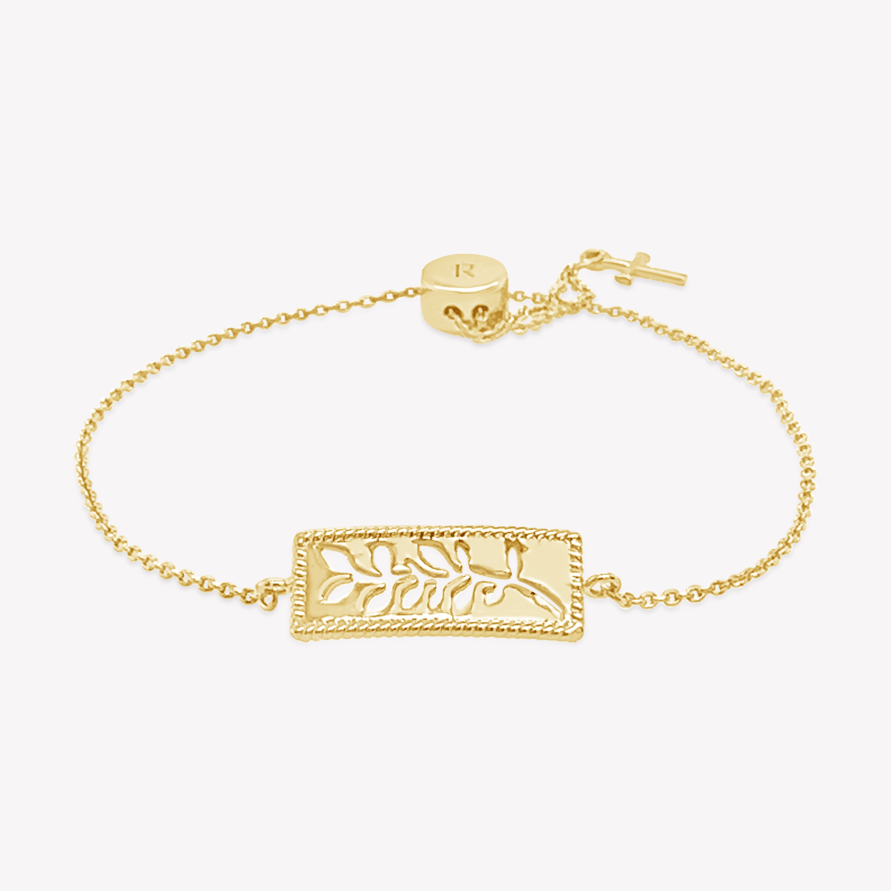 Intricately designed 18K gold vermeil Olive Branch Bracelet with cross tag from the Rooted Collection by Rizen Jewelry.