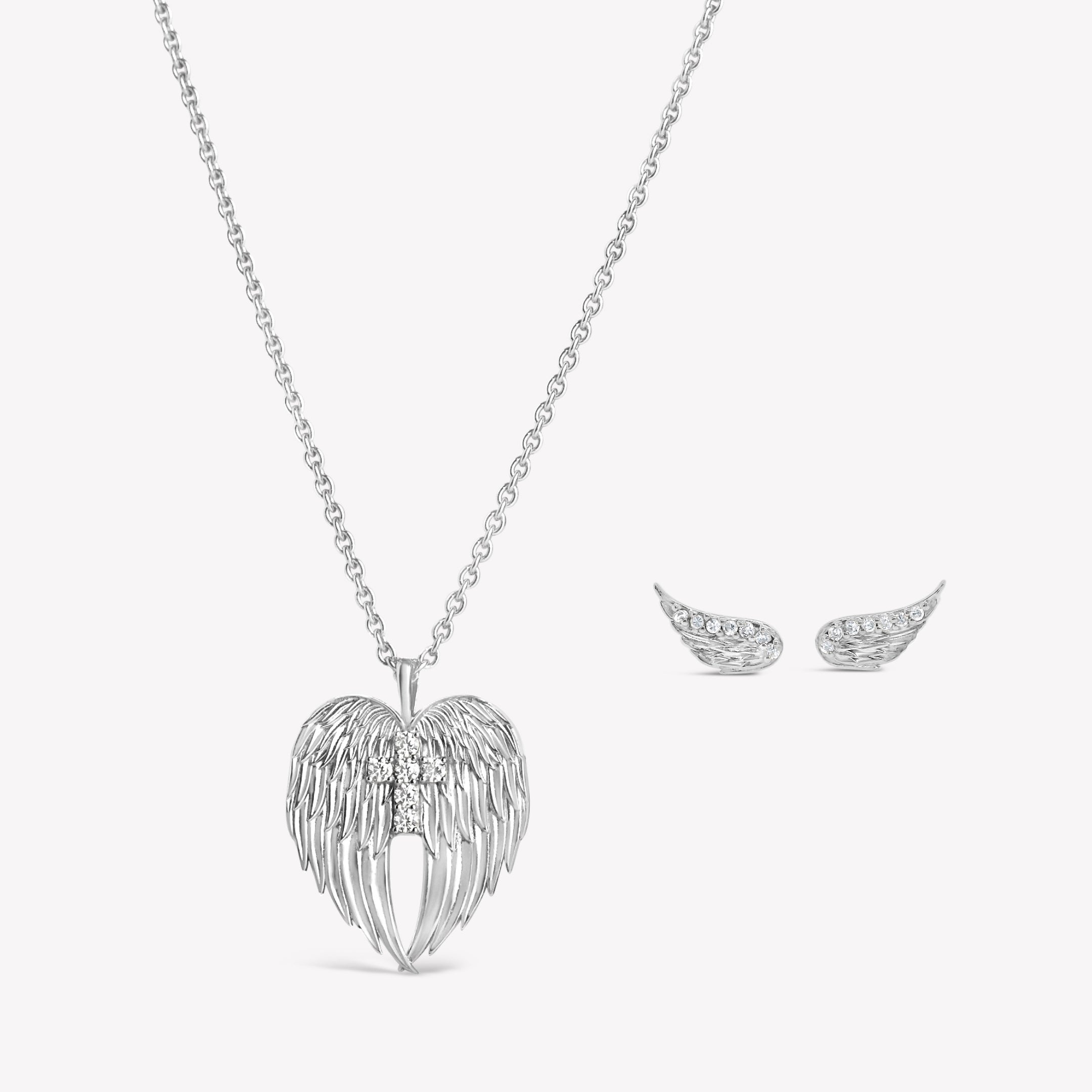 Sterling silver Divine Wings Jewelry Set featuring the angel wing necklace with a sparkly cross and the matching Divine Wing Earrings.
