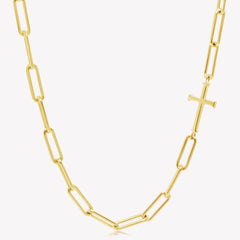 Rizen Jewelry Chain Breaker necklace in 18kt yellow gold.  Elegant Cross Pendant breaks up the paper clip link chain with classic lobster clasp  closure.