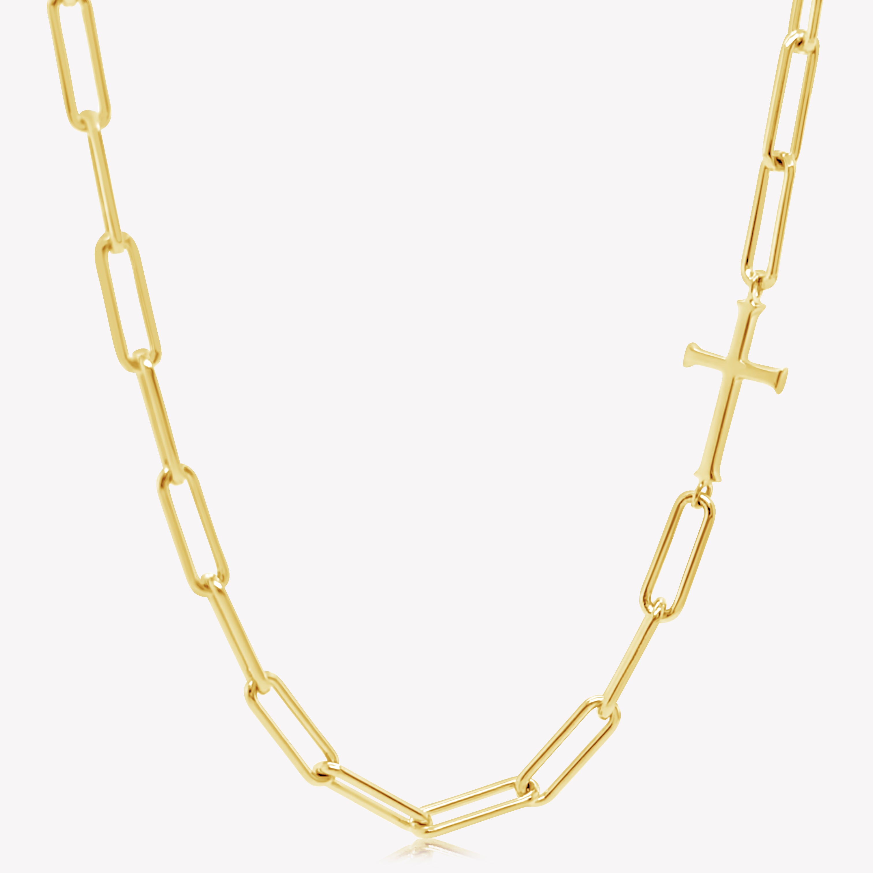 Rizen Jewelry Chain Breaker necklace in 18kt yellow gold.  Elegant Cross Pendant breaks up the paper clip link chain with classic lobster clasp  closure.