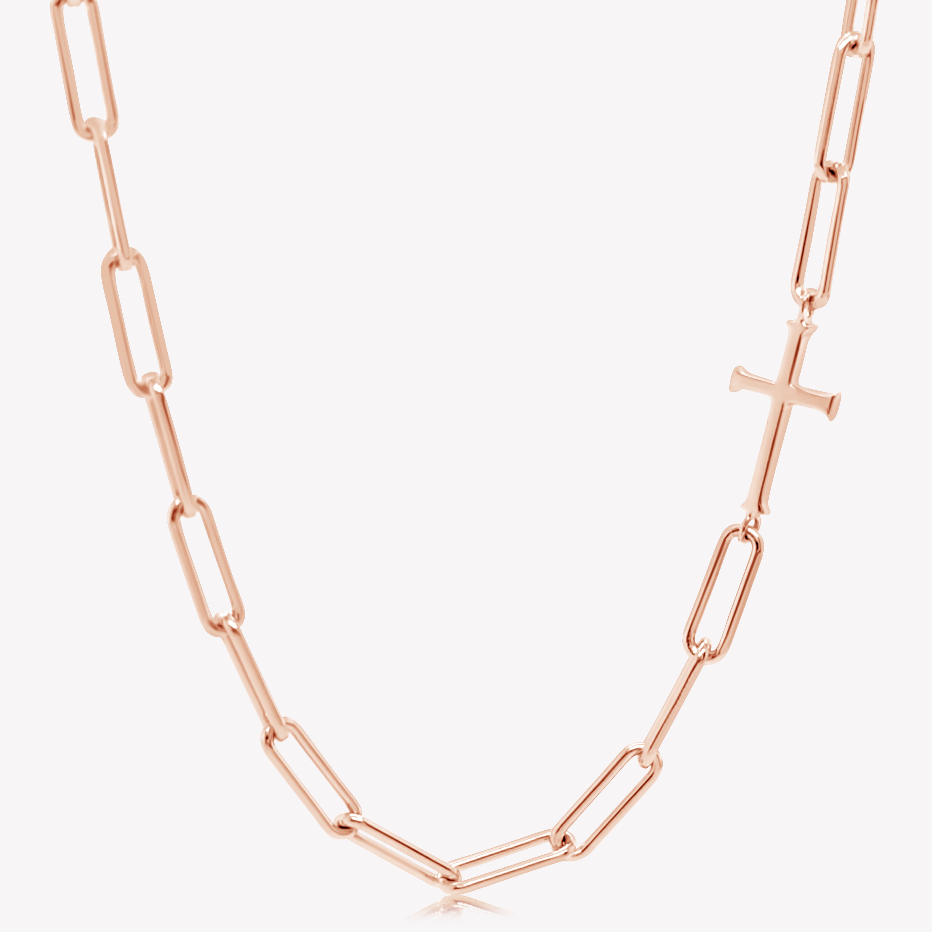 Rizen Jewelry Chain Breaker necklace in 18kt rose gold.  Elegant Cross Pendant breaks up the paper clip link chain with classic lobster clasp  closure.