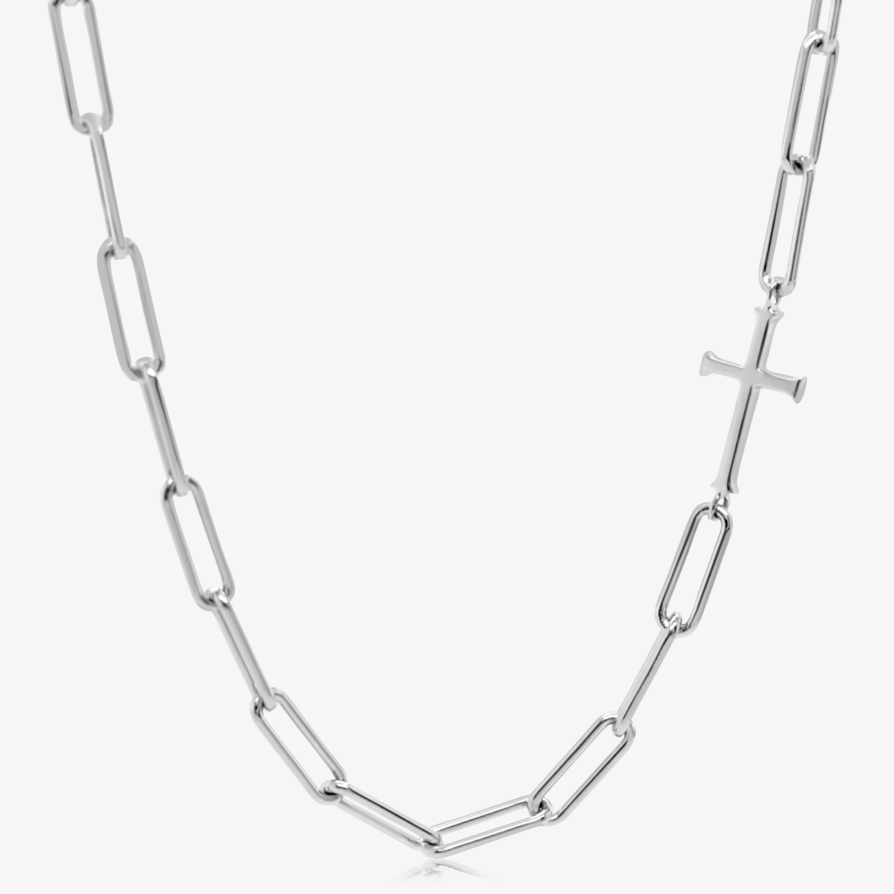 Rizen Jewelry Chain Breaker necklace in sterling silver.  Elegant Cross Pendant breaks up the paper clip link chain with classic lobster clasp  closure.