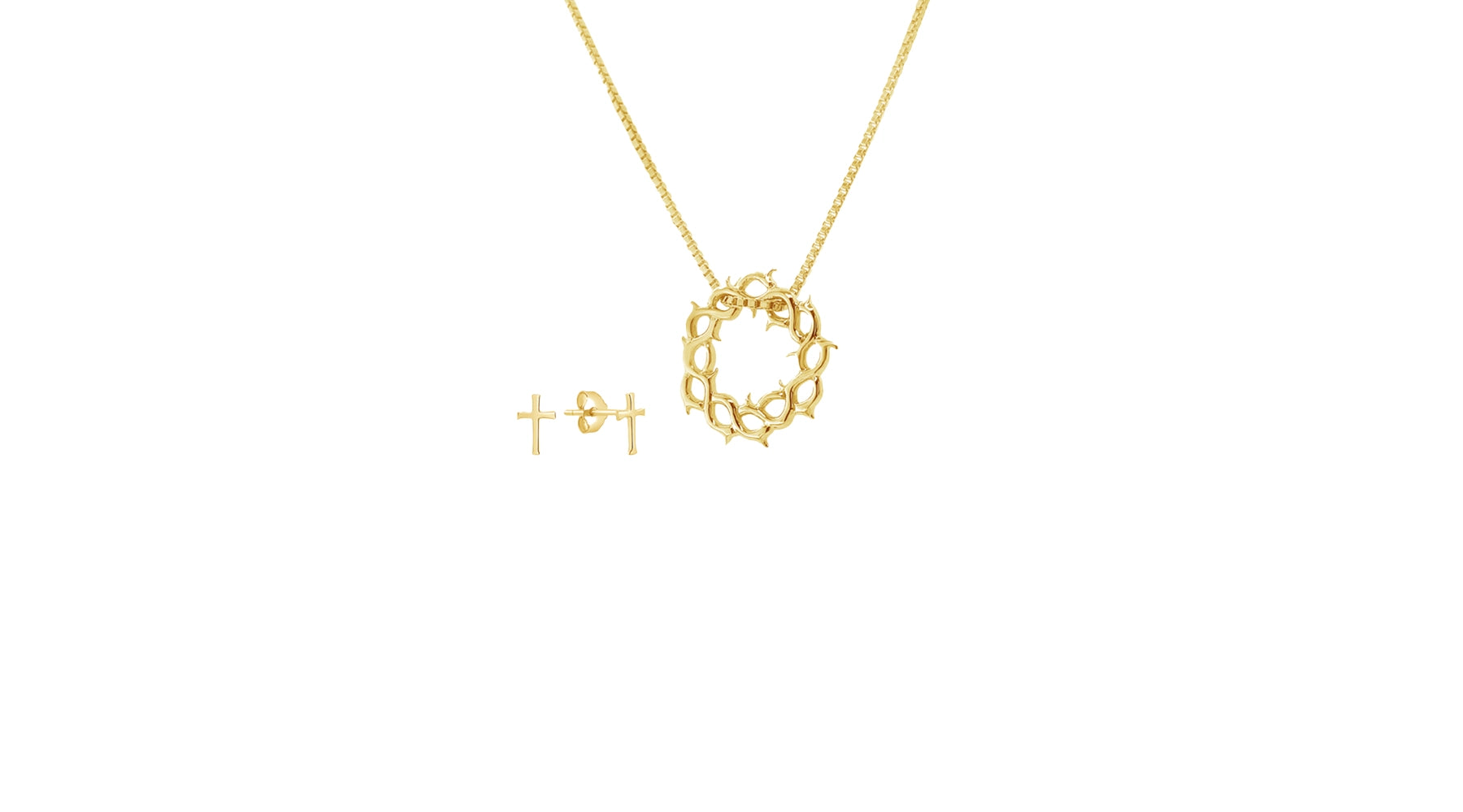 18kt gold vermeil crown of thorns necklace with small gold vermeil cross stud earrings