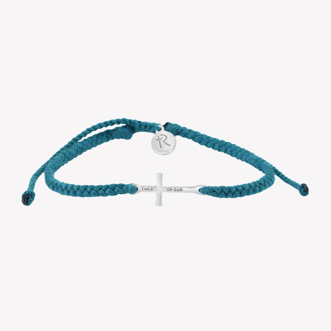 Made 4 Ministries Child of God azure blue silver cross braided friendship bracelet by Rizen Jewelry