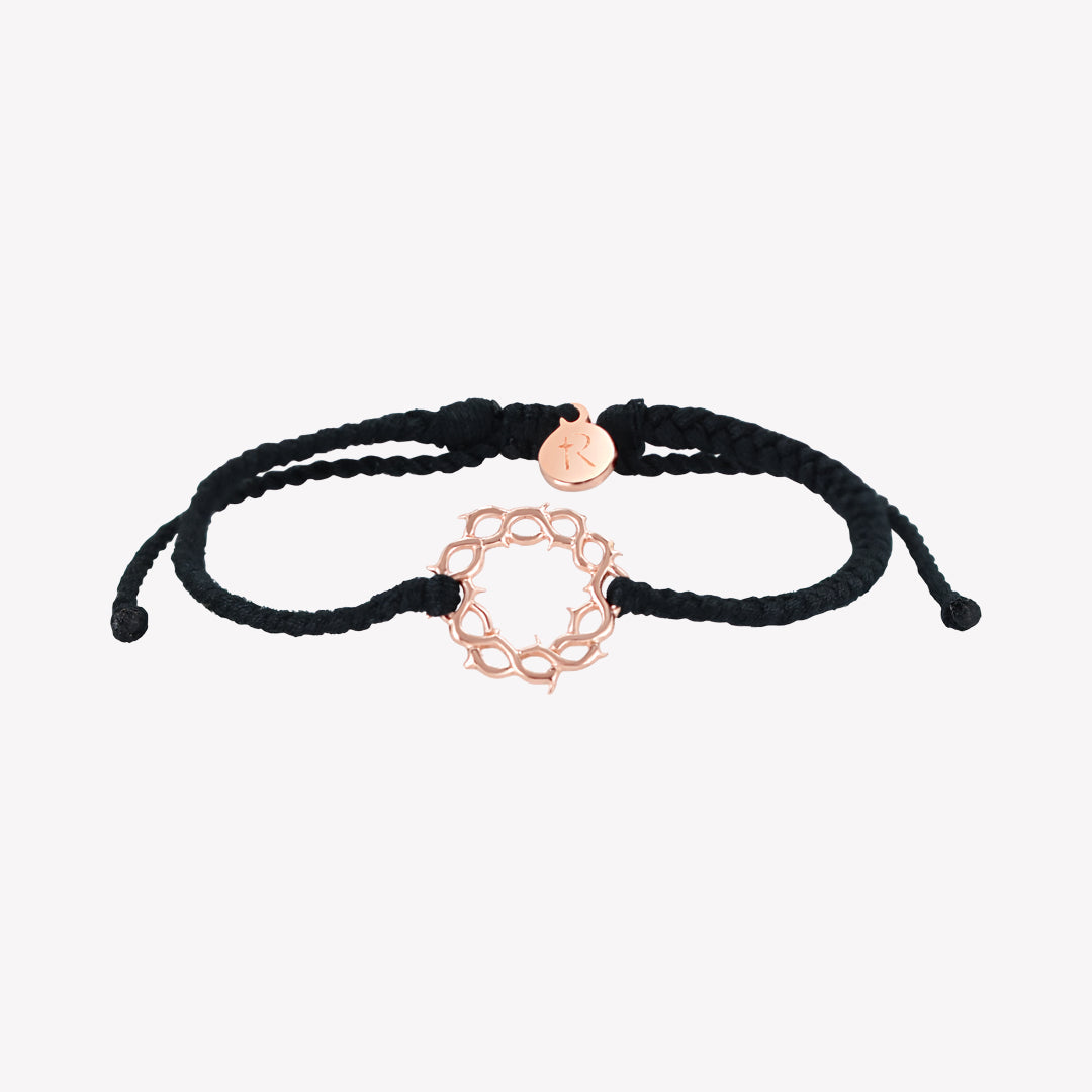 Adjustable christian friendship rose gold crown of thorns black hand braided cord bracelet with Rizen Jewelry Made 4 Ministries round disc tag.