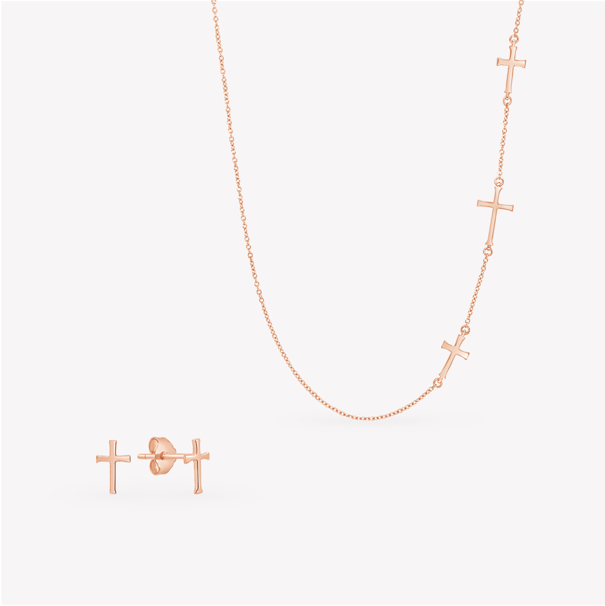 Rizen Jewelry Rose Gold Vermeil Calvary Cross Necklace and Mini Cross Stud Earring designer christian jewelry set.