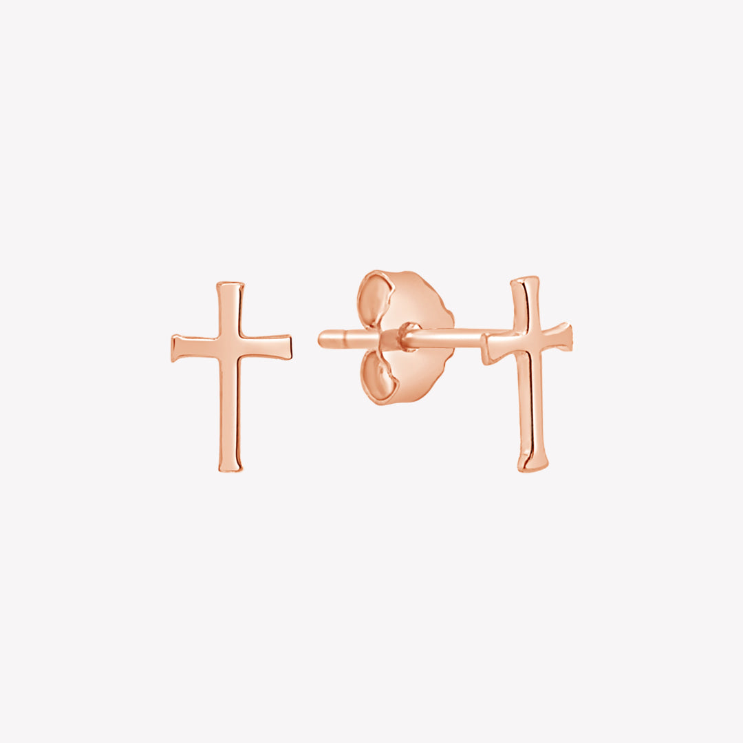 Rose gold vermeil mini cross stud earrings by Rizen Jewelry