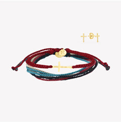 Rizen Jewelry Gold Cross Stud earring with Made 4 Ministries garnet red gold cross bracelet engraved CHILD OF GOD and Faithful Be Magnified -Black, Garnet Red, Azure Blue, and Khaki multi cord bracelet Jewelry Set