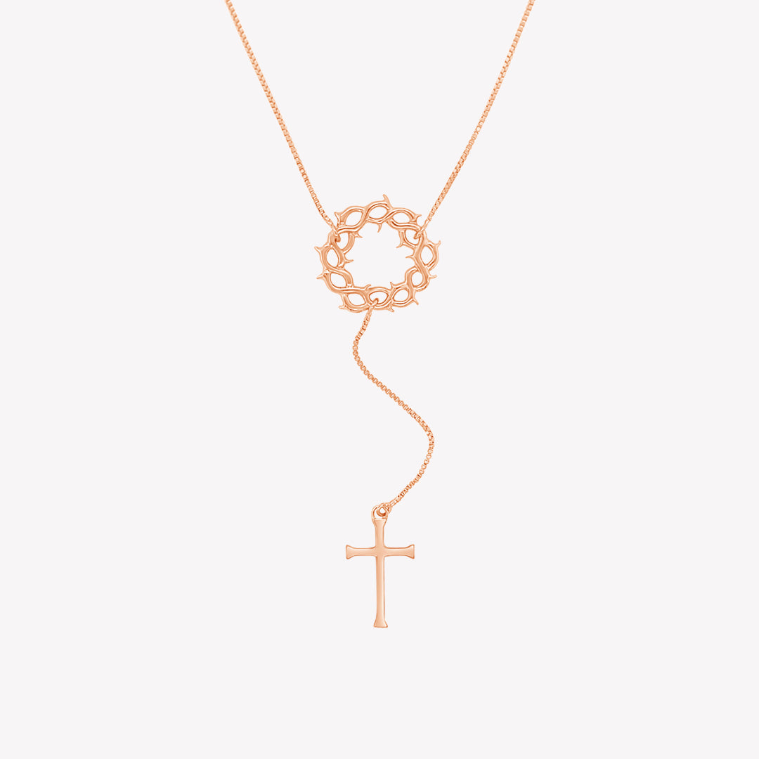 Rose Gold Vermeil Crown of Thorns Y Necklace with Cross Pendant by Rizen Jewelry.