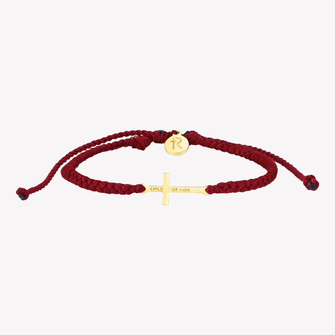 Made 4 Ministries Child of God garnet red gold cross braided friendship bracelet by Rizen Jewelry