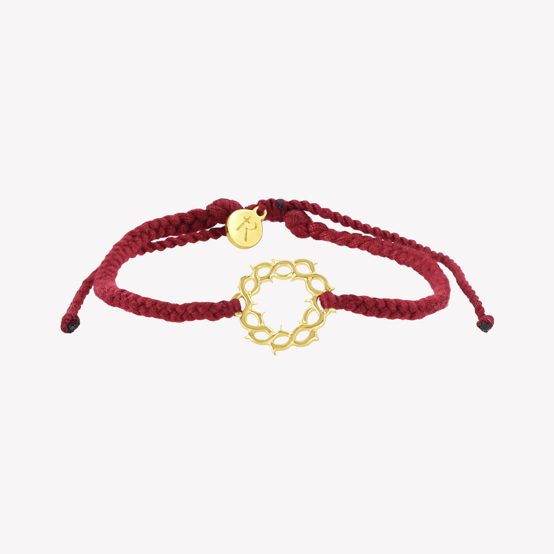 christian friendship bracelet with gold crown of thorns pendant hand braided garnet red cords with Rizen Jewelry Made 4 Ministries round disc tag. 