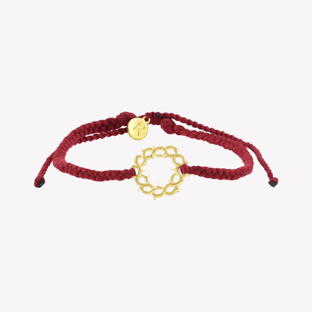 christian friendship bracelet with gold crown of thorns pendant hand braided garnet red cords with Rizen Jewelry Made 4 Ministries round disc tag.
