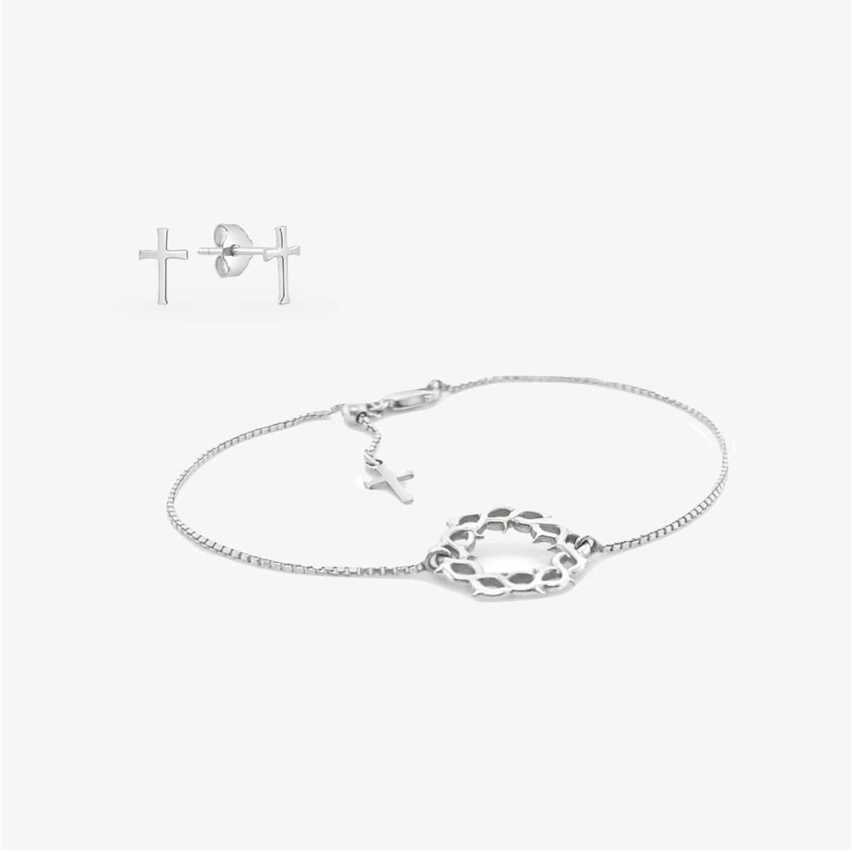 Faith inspired Mini Cross Stud Earrings and Crown of Thorns Bracelet Set in sterling silver by Rizen Jewelry.