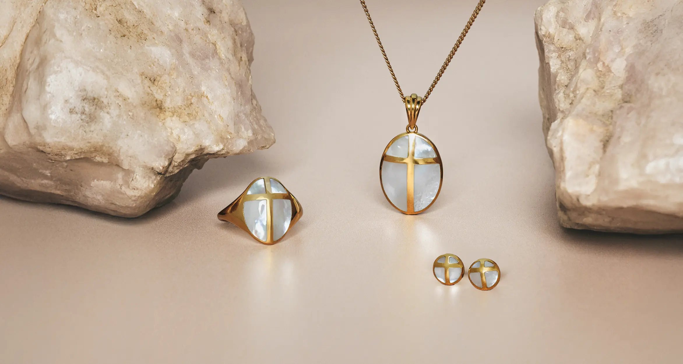 Rizen Jewelry Becoming Collection Mother of Pearl Necklace Ring and Earrings with Cross and Lay. Women's Christian jewelry inspired by Scripture