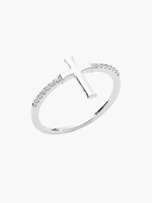 Luminous cross pave ring in sterling silver from the Calvary collection. A wonderful Christian Jewelry Gift by Rizen Jewelry.
