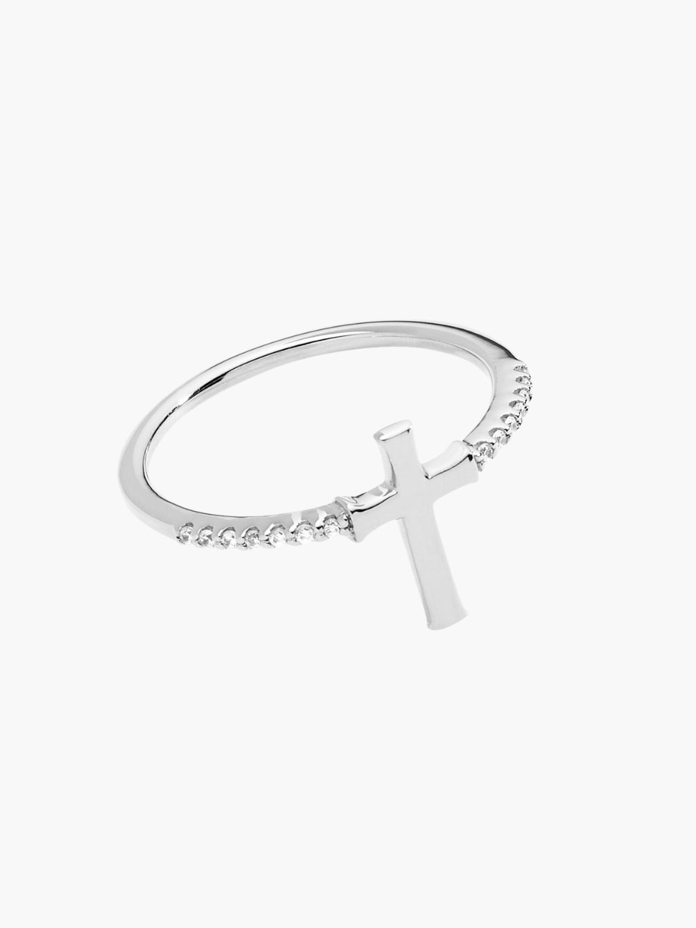 Luminous cross pave ring in sterling silver from the Calvary collection. A wonderful Christian Jewelry Gift by Rizen Jewelry.
