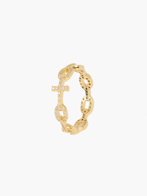  Luminous Pavé Cross Chain Breaker Ring in 18k gold-plated sterling silver with pavé stones and cross centerpiece, designed by Rizen Jewelry.