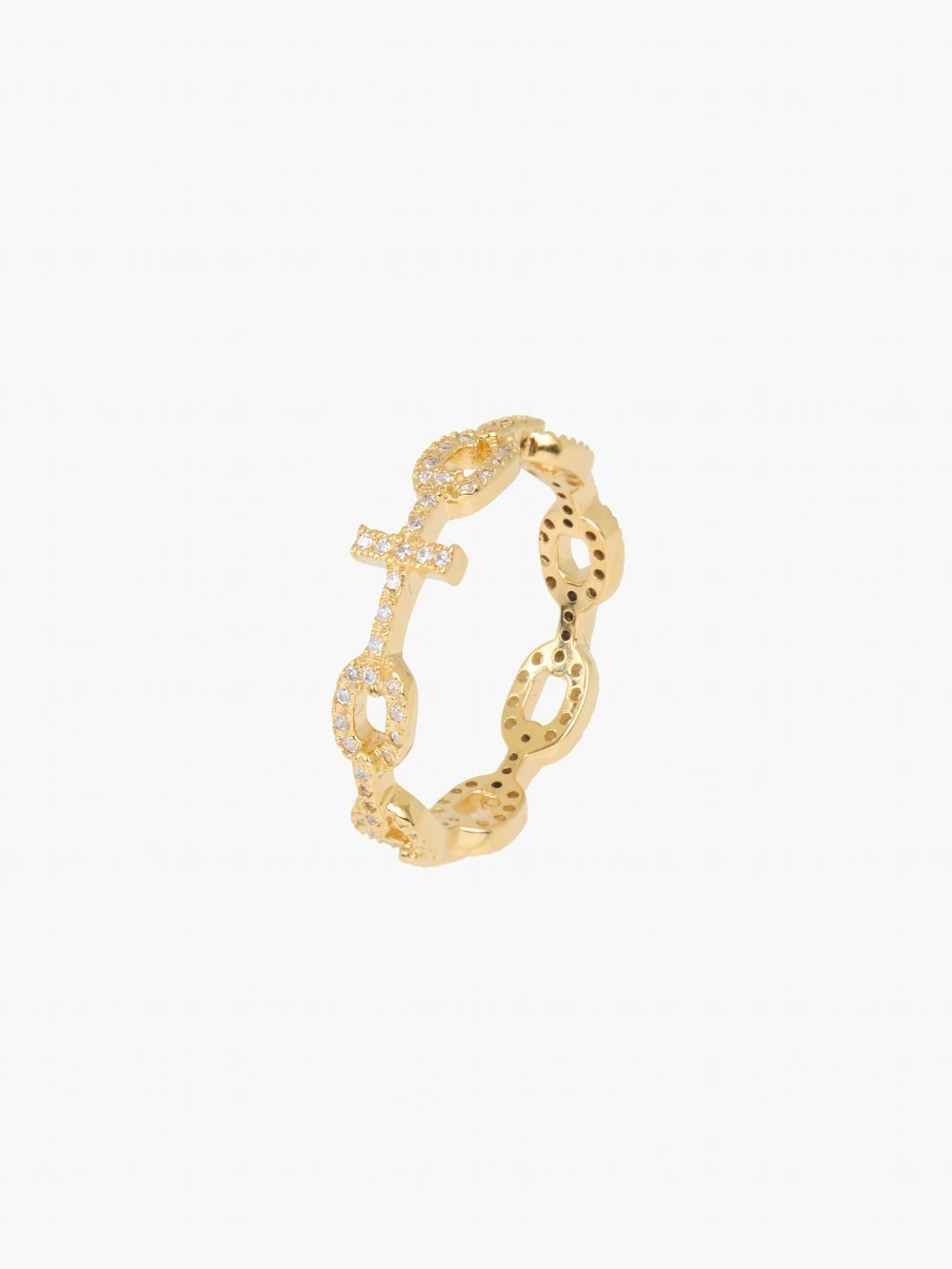  Luminous Pavé Cross Chain Breaker Ring in 18k gold-plated sterling silver with pavé stones and cross centerpiece, designed by Rizen Jewelry.