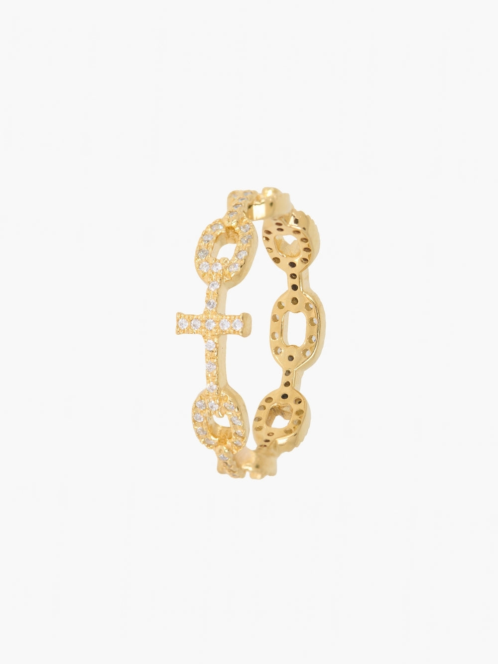  Luminous Pavé Cross Chain Breaker Ring in 18k gold-plated sterling silver with pavé stones and cross centerpiece, designed by Rizen Jewelry.
