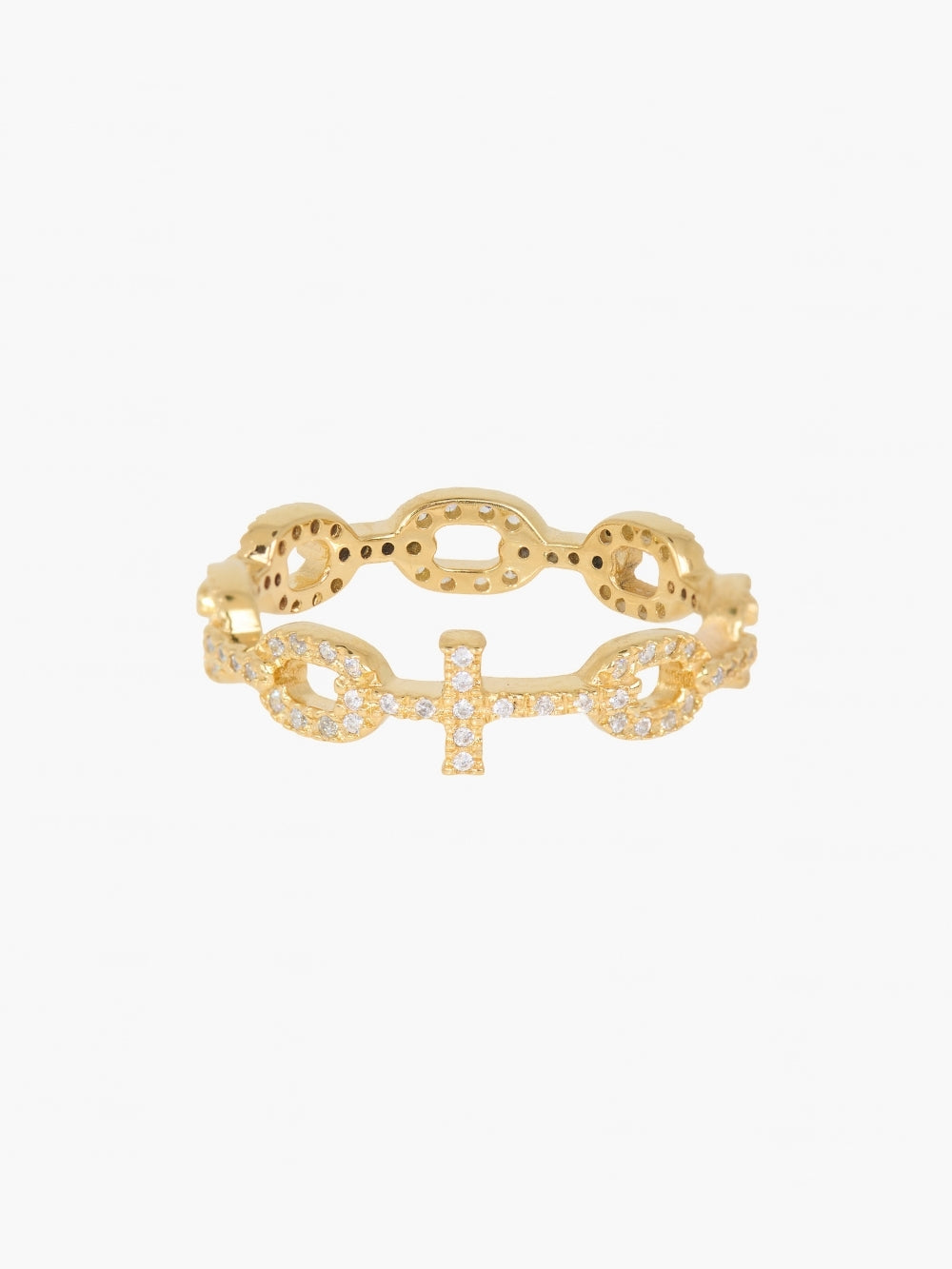  Luminous Pavé Cross Chain Breaker Ring in 18k gold-plated sterling silver with pavé stones and cross centerpiece, designed by Rizen Jewelry.