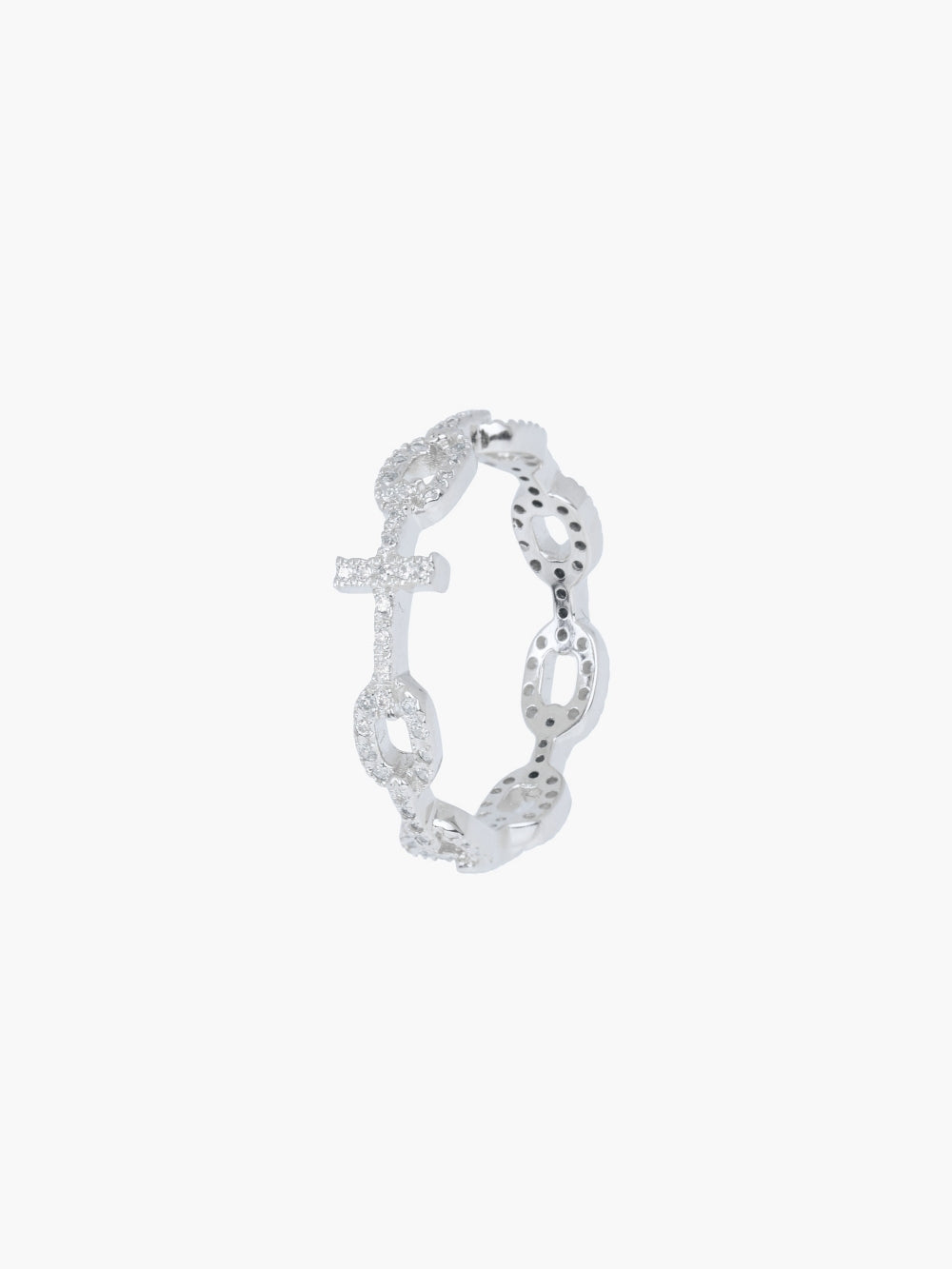 Luminous Pavé Cross Chain Breaker Ring in sterling silver with pavé stones and cross centerpiece, designed by Rizen Jewelry.