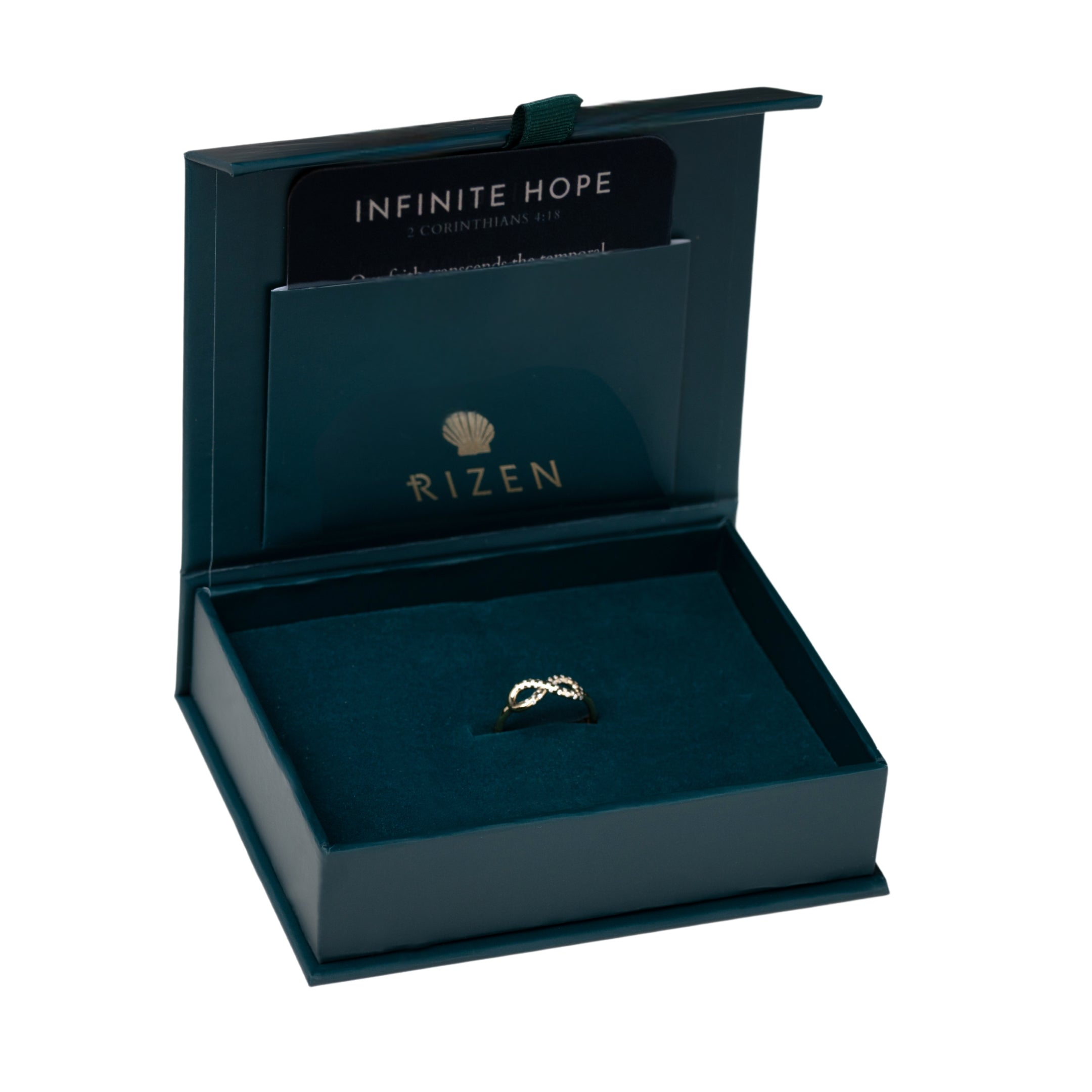 18k gold vermeil Infinite Hope Statement Ring showcases a pavé zirconia ichthys nestled within the infinity symbol with the devotion card in the  gift box. 