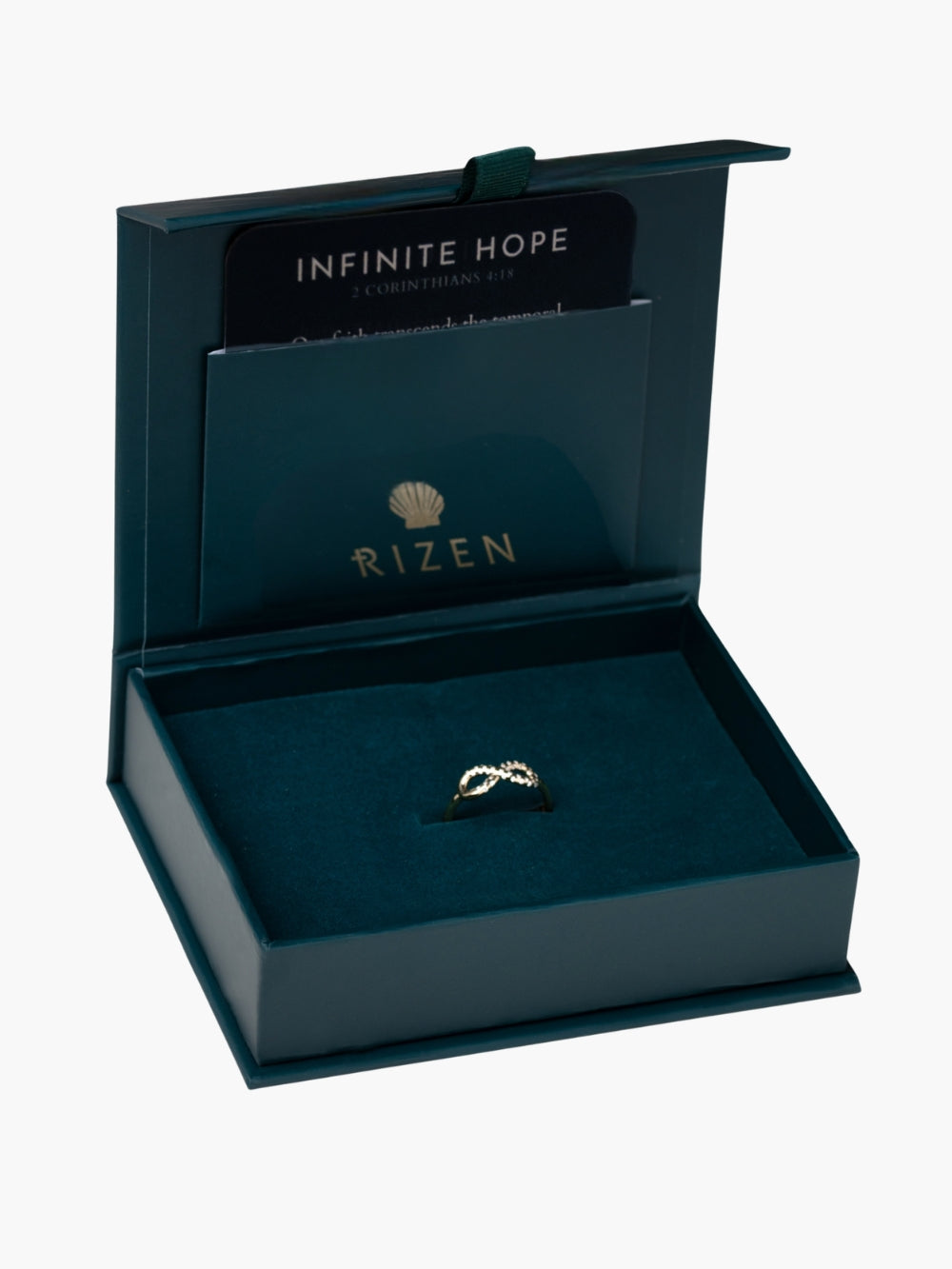 Rizen Jewelry packaging gift box example with Infinite hope statement ring