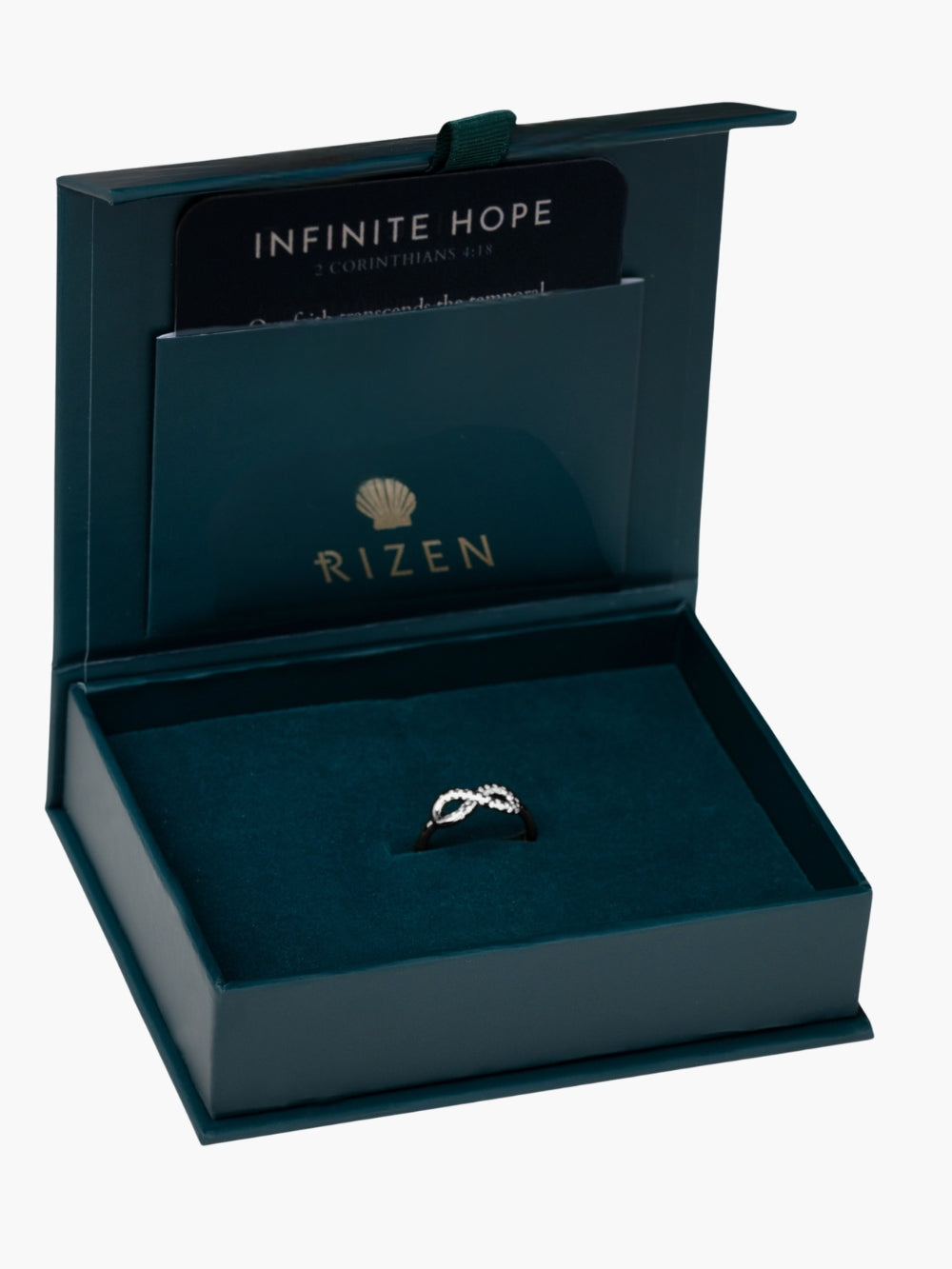 Rizen Jewelry packaging gift box example with Infinite hope statement ring