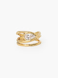 Rizen Jewelry Solace Teardrop Statement Ring has a tear-shaped simulated diamond framed within a hammer-textured setting, crafted with soft, reflective fluid curves. Sterling silver finished in 18k gold.