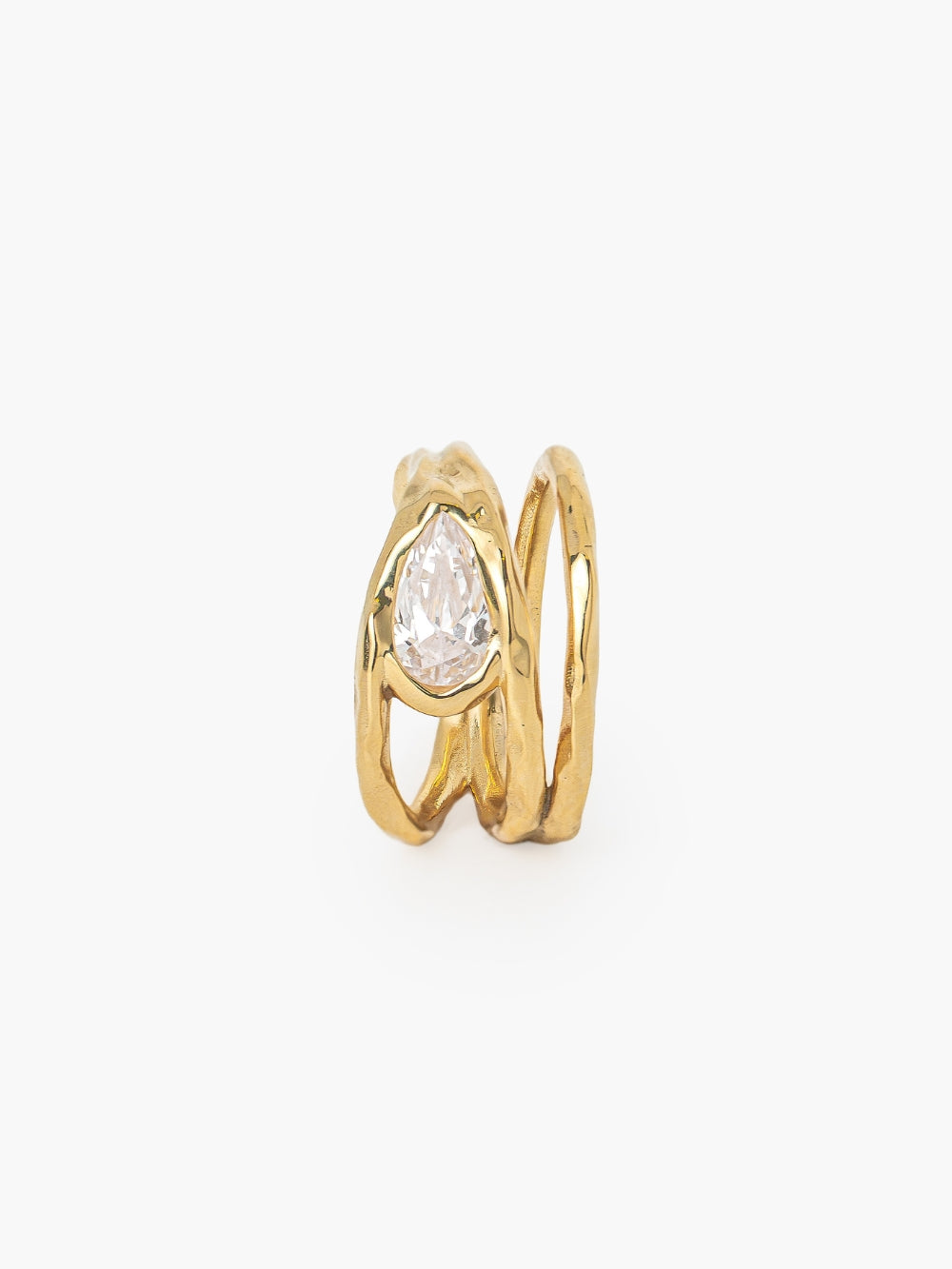 Rizen Jewelry Solace Teardrop Statement Ring has a tear-shaped simulated diamond framed within a hammer-textured setting, crafted with soft, reflective fluid curves. Sterling silver finished in 18k gold.