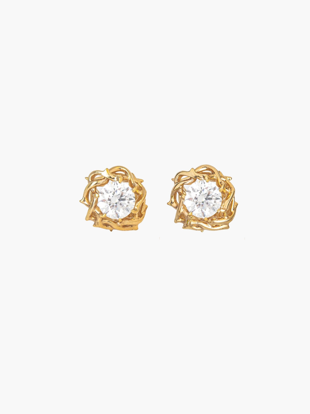 Rizen Jewelry Crown of Thorns stud earrings with an 18-karat gold finish. The Crown of Thorns nestles a round brilliant cut cubic zirconias.