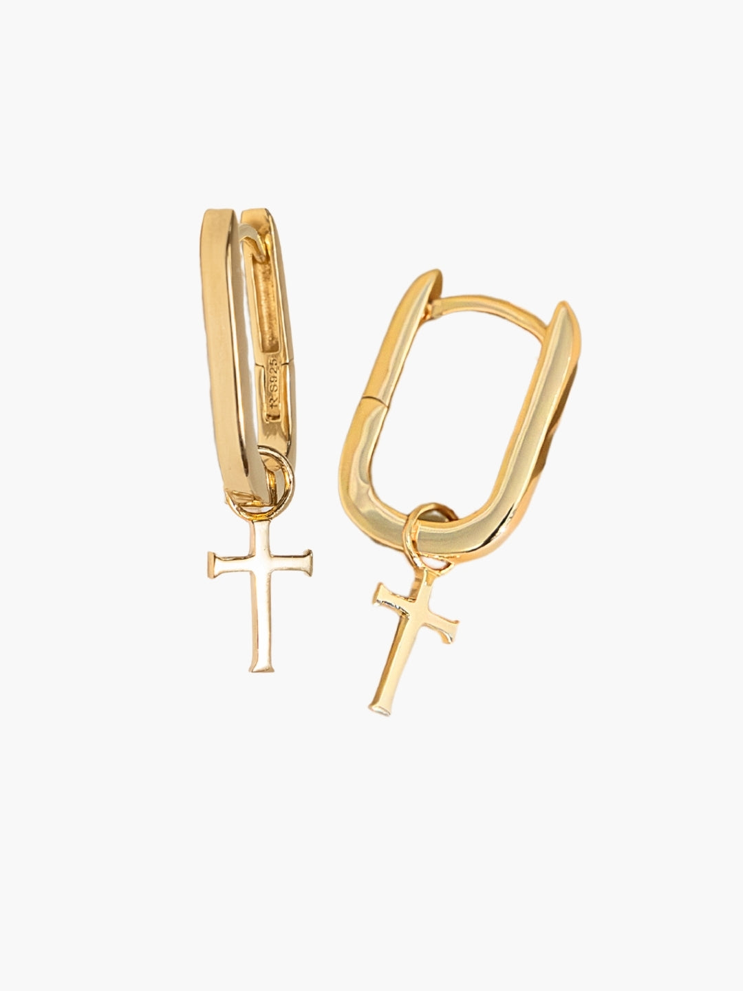 Sleek Gold U  Hoop Cross Earrings with the  Cross Dangling from the modern link shaped hoop by Rizen Jewelry. 